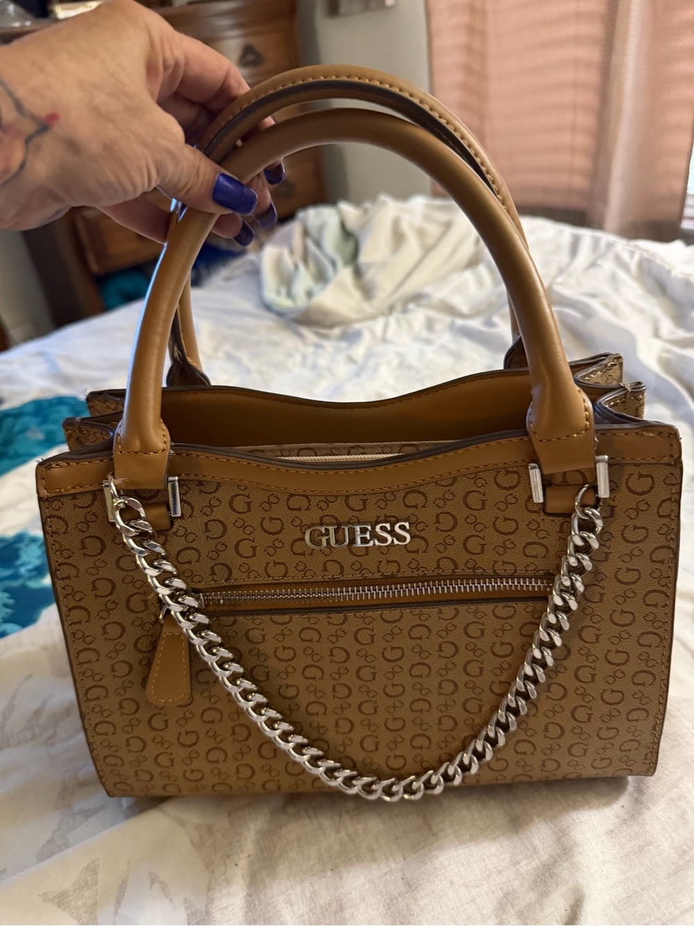 GUESS Tan Logo Satchel with Silver Chain Accents